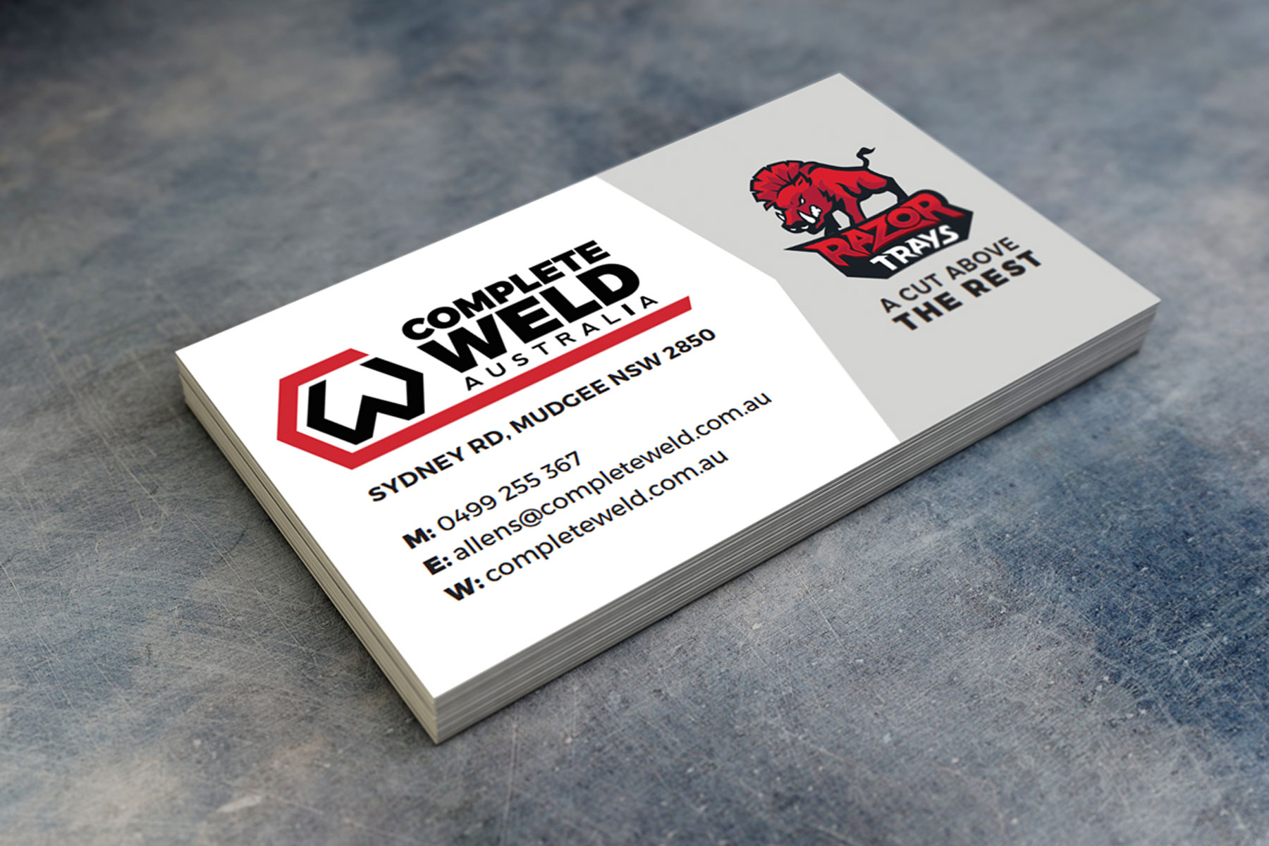 Complete Weld Australia business cards on metal
