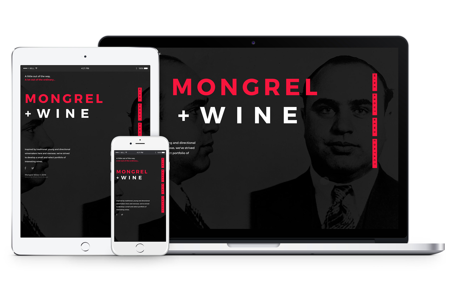 Mongrel Wine website on laptop, tablet and smart phone devices