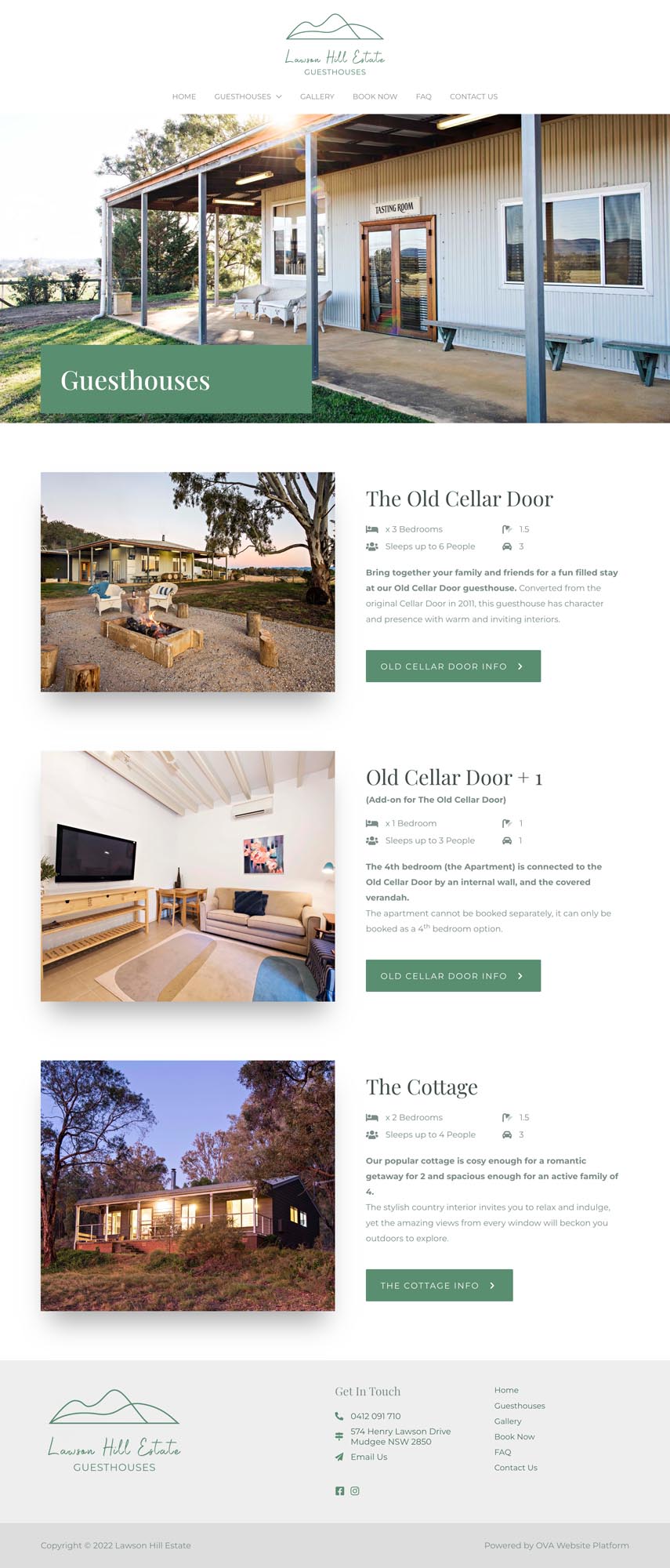 Screenshot of the Guesthouses page on the Lawson Hill Estate website.
