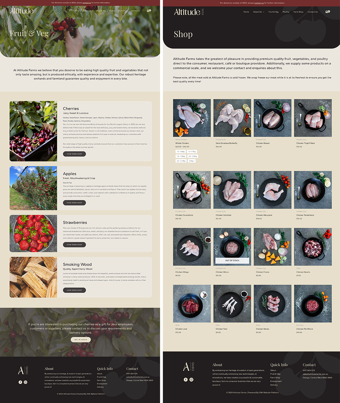 Screenshot of the Fruit & Veg and Shop pages on the Altitude Farms website.